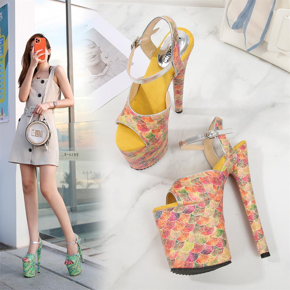 Босоножки на каблуках 20 см с принтом в китайском стиле, новые женские туфли на толстой подошве для ночного клуба, туфли на шесте для танцев на пилоне, модельные туфли для подиума, 2024 г.