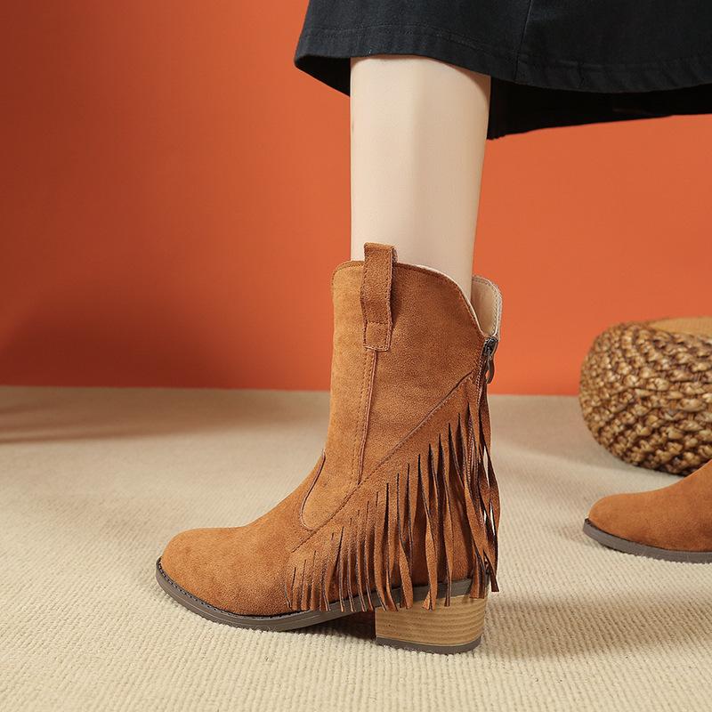 2024 осень-зима ретро женская обувь матовые бархатные сапоги вестерн сапоги Мартин с бахромой женские трендовые зарубежные торговые женские сапоги
