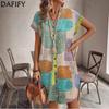 Женская мода лето весна полосатый принт короткий рукав V-образный вырез свободная талия повседневные платья
