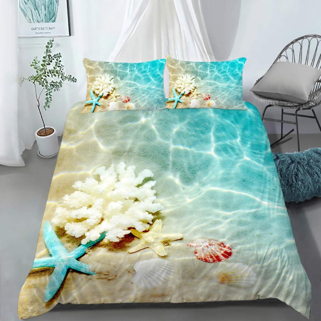 Summer Beach King Queen Duvet Cover Blue Ocean Fish Bedding Set Hawaiian Sea Palm Trees Quilt Cover Marine Life Comforter Cover