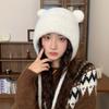Милая вязаная плюшевая шапка с ушками медведя, осенне-зимняя теплая шапка с защитой ушей, шапка-мешок на голову, большой обхват головы, повседневная ветрозащитная шапка для женщин
