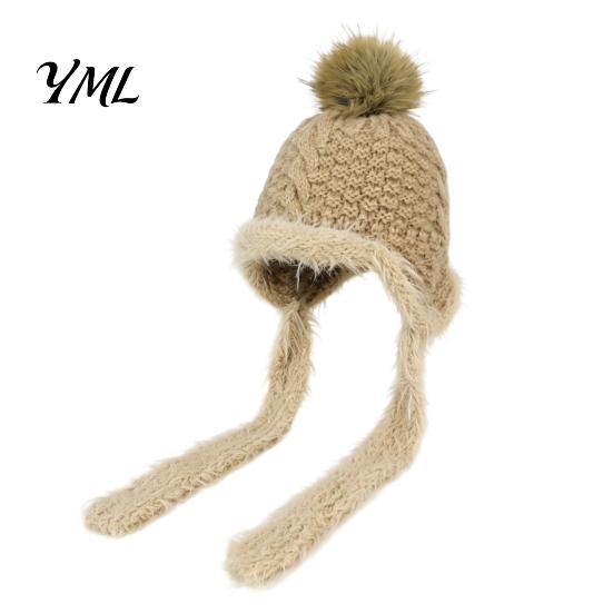 Outdoor Cycling Winter Hat Women Knitted Earflap Hat, Fuzzy Trim Pompom Soft Warm Small Face Effect Knit for Cycling, Cold Weather Daily Wear