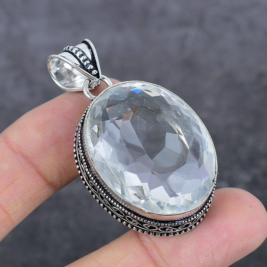 White Topaz Ethnic 925 Sterling Silver Jewelry Pendant 1.97" n4F48