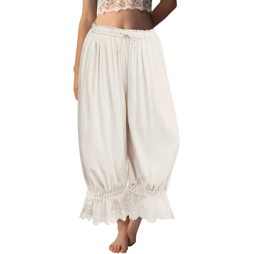 Женские брюки с кружевной отделкой, длинные, с оборками, винтажные, с широкими штанинами, летние, для пляжа, путешествий, отпуска