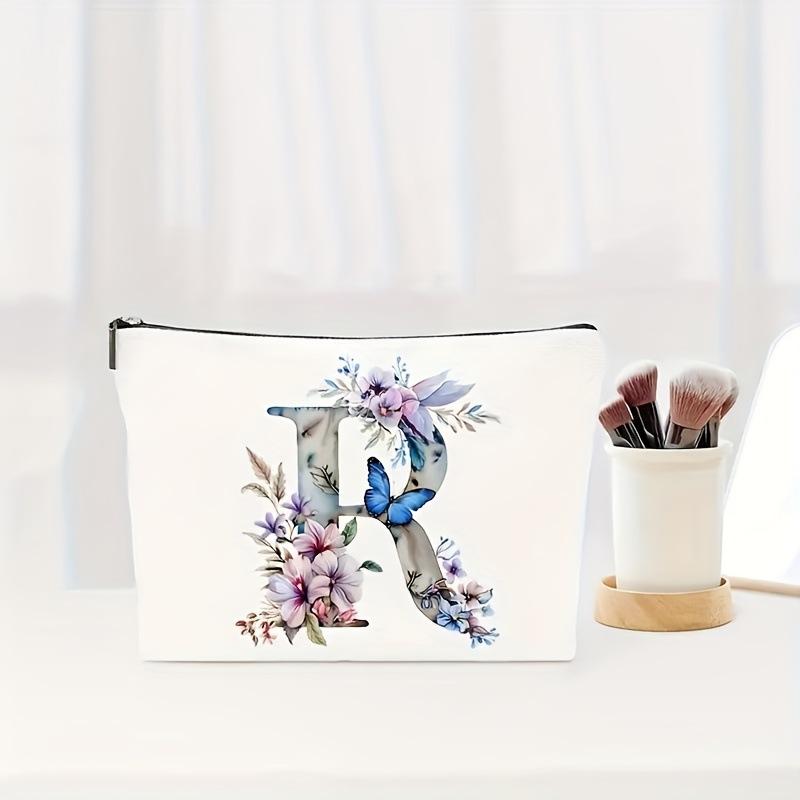 Letter Floral Pattern Zipper Cosmetic Bag Portable Travel Makeup Pouch Multifunctional Toiletry Wash Storage Bag for Women Daily Vacation Organizer