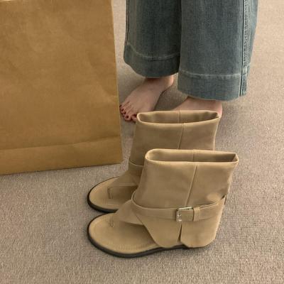 Внутреннее увеличение высоты елочка носок пряжка крутые ботинки женские летние новые модные брюки короткая труба римские сандалии