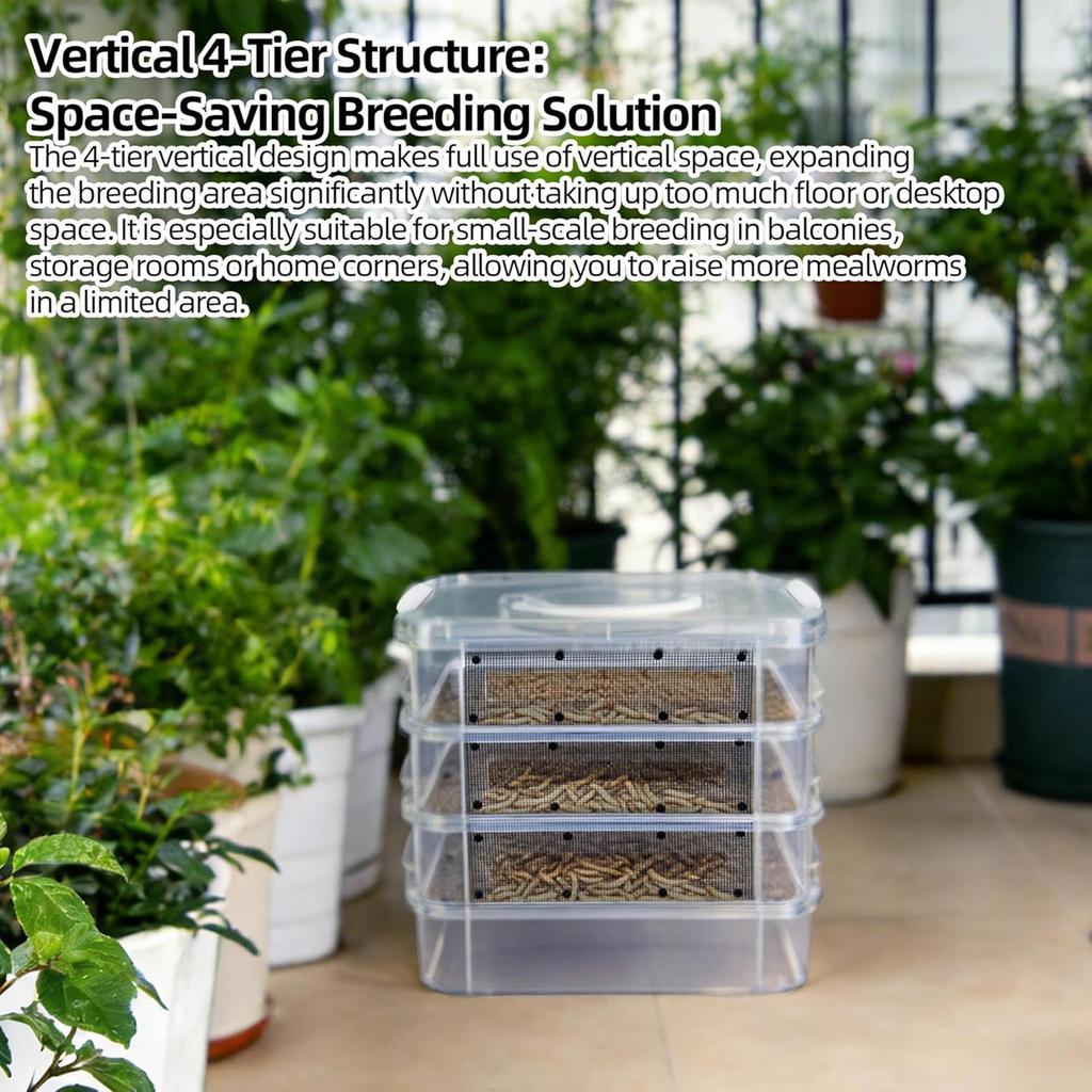 Mealworm Feeding Box 4-Layer Clear Mesh Breeding Habitat Kit Mealworm Farm Bin With Handle For Sugar Glider Reptile Spider Bird