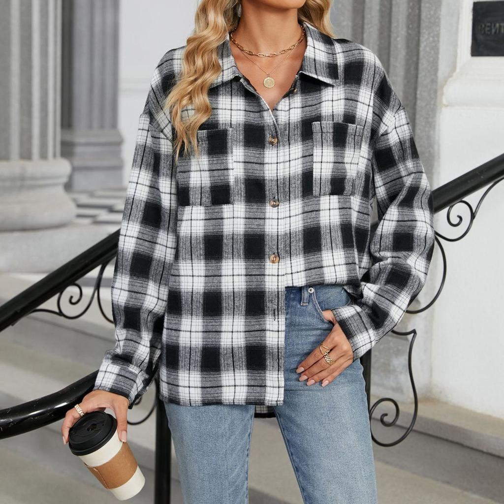 Женская модная широкая клетчатая куртка-рубашка с длинными рукавами и карманами на пуговицах
