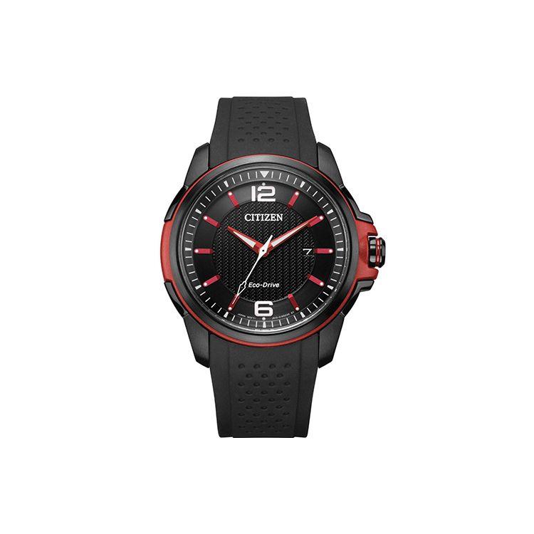 Citizen Серия Eco-Drive Красный Буф Отображение даты Модные Спортивные Солнечный Кварцевый Механизм Резиновый Ремешок Мужские часы Черный AW1658-02E