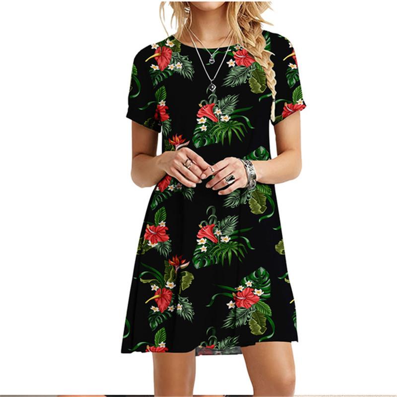 3D Green Leaves Floral Printed Dress For Women Summer Loose Casual Short Sleeve O-Neck Dress
