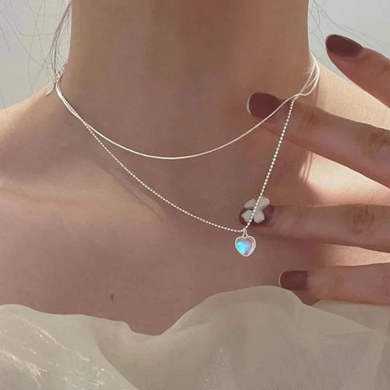 Simple Lucky Bean Love Clavicle Chain for Girls Women Double Layer Heart Pendant Necklaces Korean Sweet Jewelry Gifts