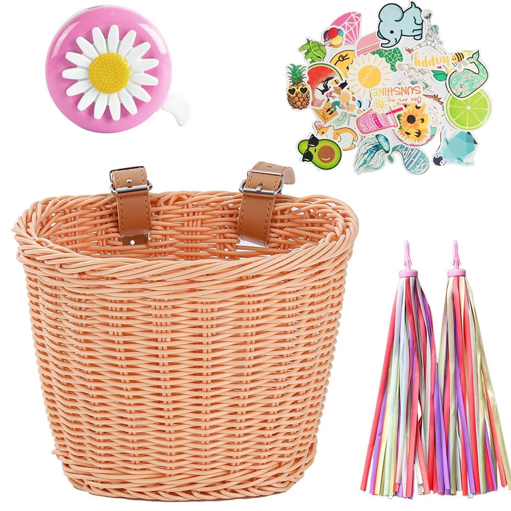 Bike Front Basket Handlebar Cycling Hand-Woven Rattan Pannier Container with Bell Tassel Stickers Bicycle Waterproof Basket Bag