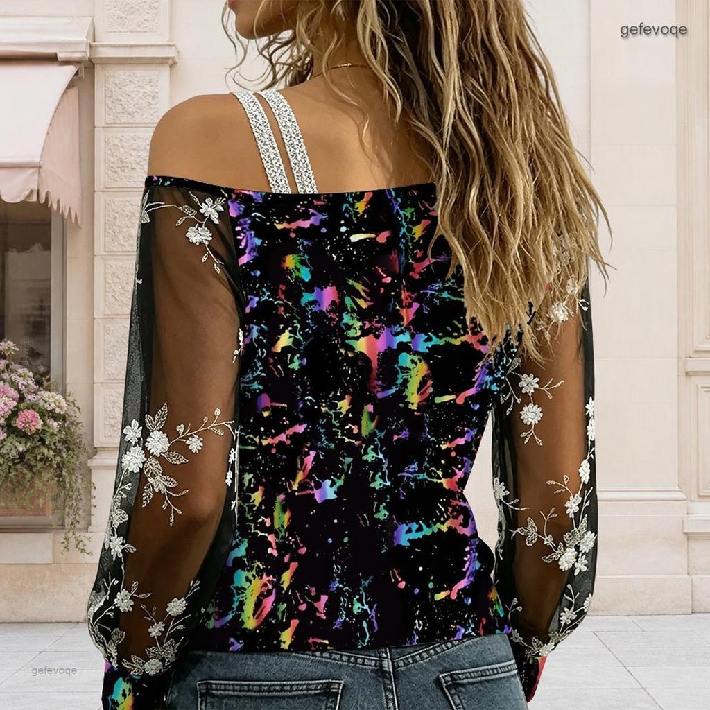 Plus Size Women Asymmetric Shoulder Long Sleeve Top Vibrant Tropical Blossom Print Mesh Lace Splicing Blouse