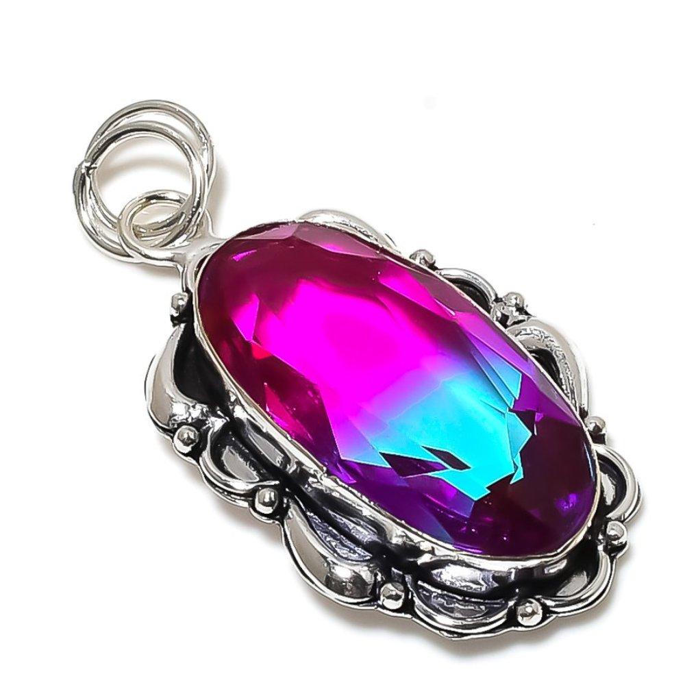 Natural Bi-Color Tourmaline Gemstone 925 Sterling Silver Pendant 2.36" C4p32