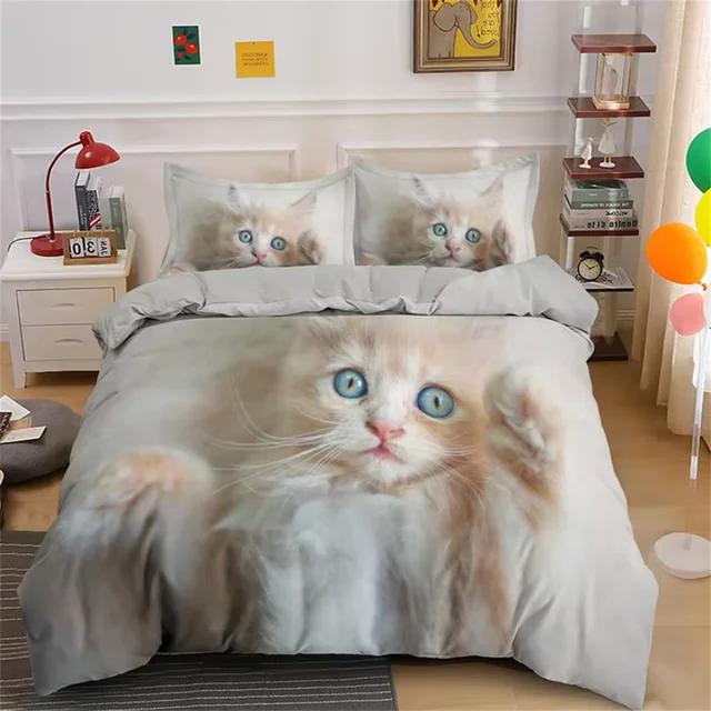 Комплект постельного белья с милым котом, 3D-набор пододеяльников, односпальный, двуспальный, односпальный, полный размер, подростковое, взрослое постельное белье, мягкое постельное белье из полиэстера для ребенка