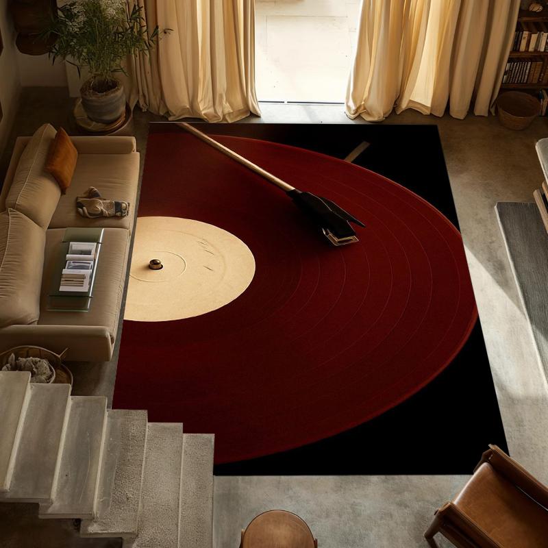 Retro Red Vinyl Record Player Area Rug Music Turntable Print Washable Non-Slip Carpet Doormat for Living Room Bedroom Studio