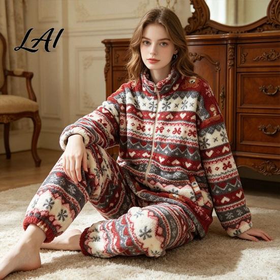 Multi Purpose Home Wear for Women 2Pcs/Set Fleece Pajamas Set Jacquard Texture Warm Loungewear Loungewear Loose Fit Sleepwear Set Autumn Winter Cozy