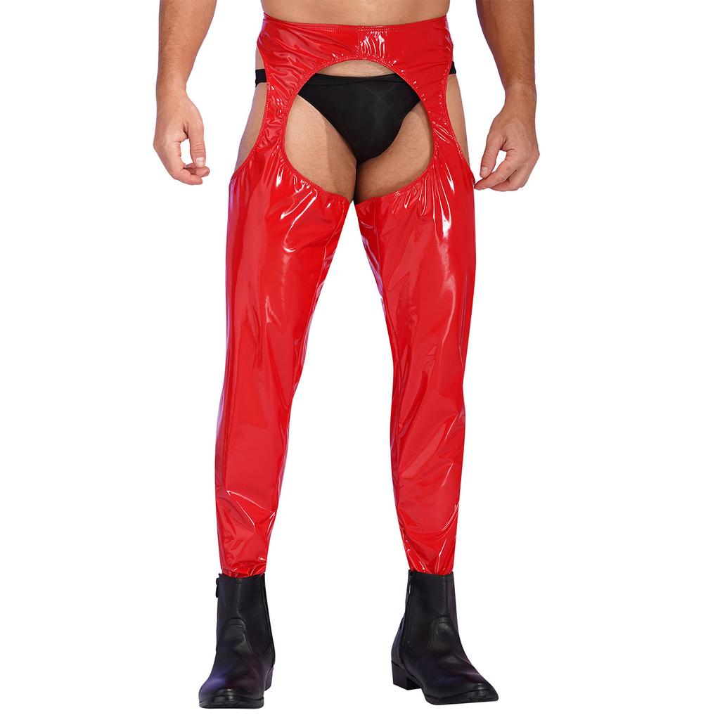 Mens High Waist Patent Leather Pants Cutout Design Nightclub Attire