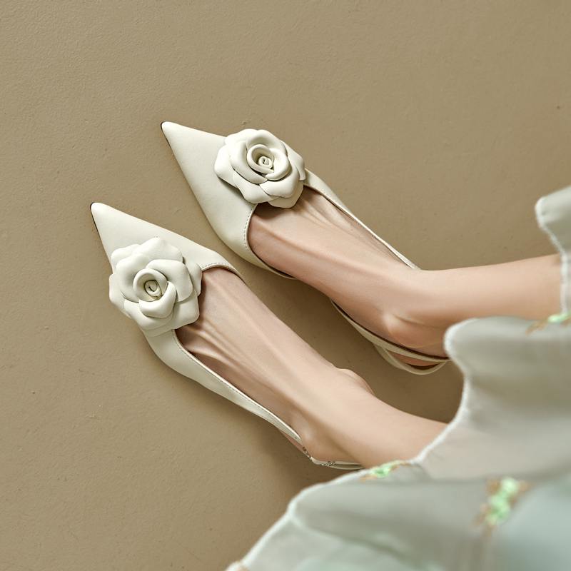 Cow Leather Pointed Toe Med Heels Slingback Autumn Summer Shoes Flowers Decorations Women Shallow Pumps