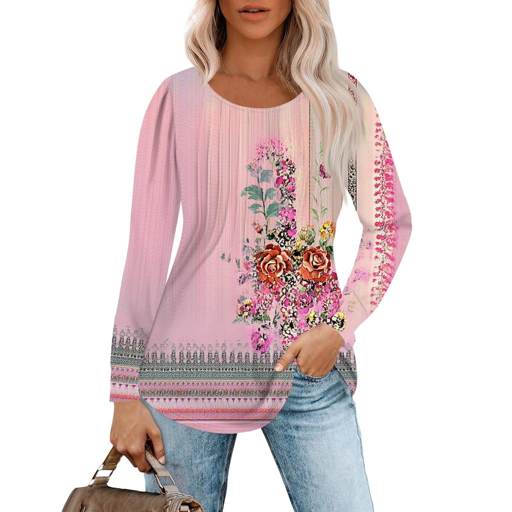 Женская модная повседневная плиссированная футболка с круглым вырезом и принтом, с длинным рукавом