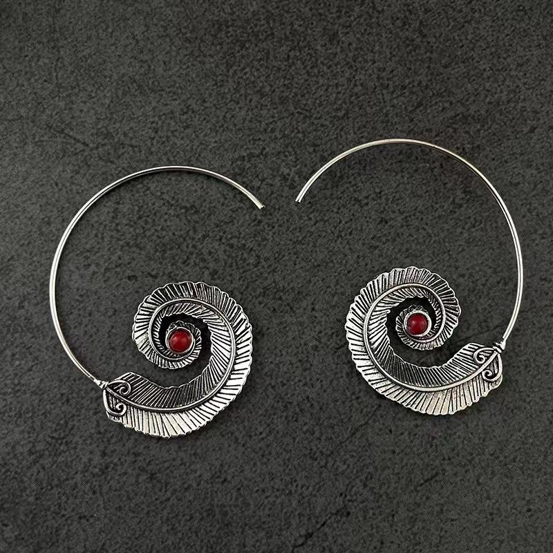 Винтажные металлические серьги-кольца ручной работы с перьями, модные женские инкрустированные круглые бирюзовые эффектные серьги-крючки