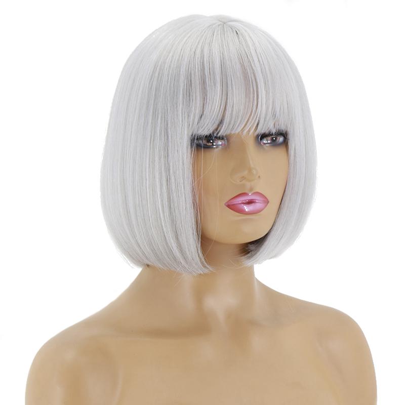 MERISIHAIR Women Synthetic Cosplay Fluorescent Green Wig Short Straight Bob Hair with Bangs Green Purple Light Blonde Pink Red Wine Halloween Wig