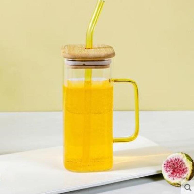 High Value Glass Straw Cup with Cover Square Color Handle Transparent Glass Milk Tea Flat Bottom Single Layer Cup