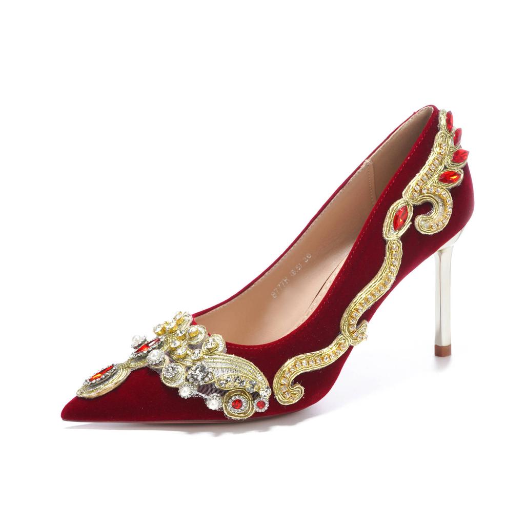 Замшевый тонкий каблук светлый рот свадебные туфли горный хрусталь красные высокие каблуки женская одежда для показа женская обувь продвинутый смысл