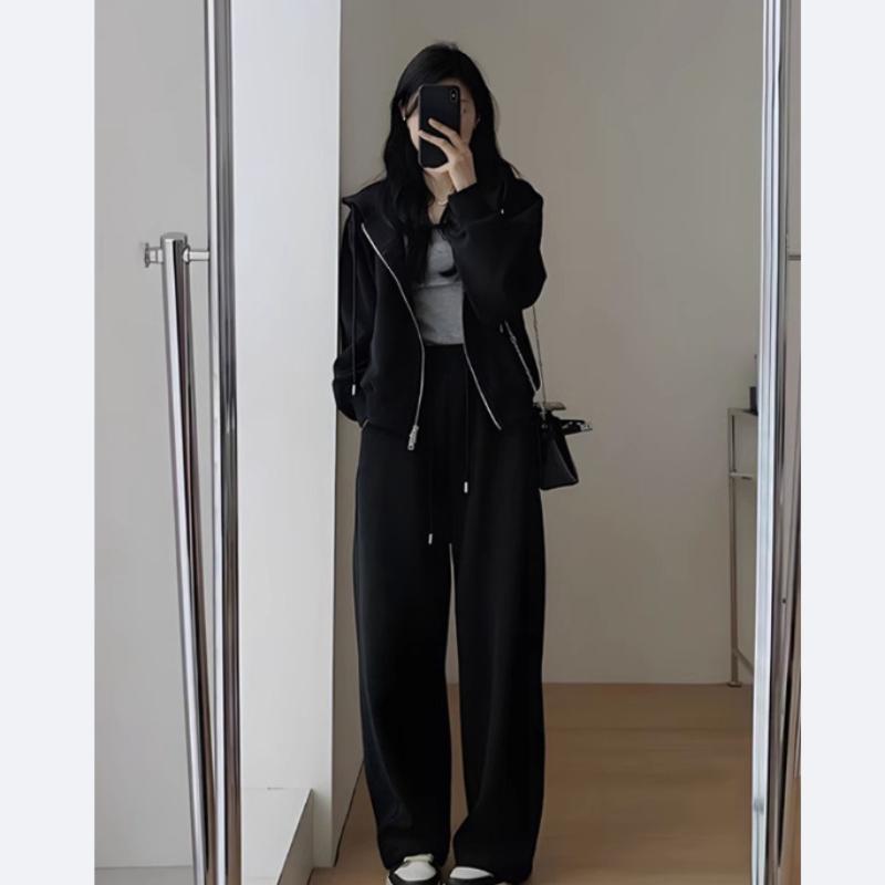 Women's Hoodie and Sweatpants Two Piece Set  Autumn Winter Solid Loose  Korean Fashion Y2k Zip Up Hoodie Sweatshirts