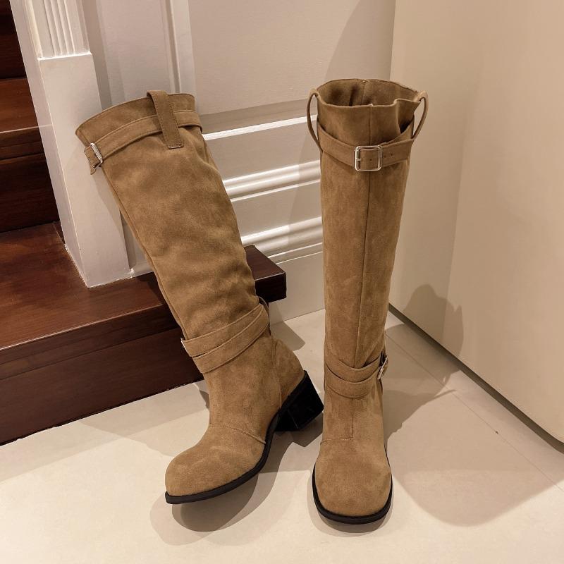 Весна и осень, хит продаж, женские сапоги, модные, с круглым носком, однотонные, на среднем каблуке, с пряжкой на рукаве, женские высокие сапоги
