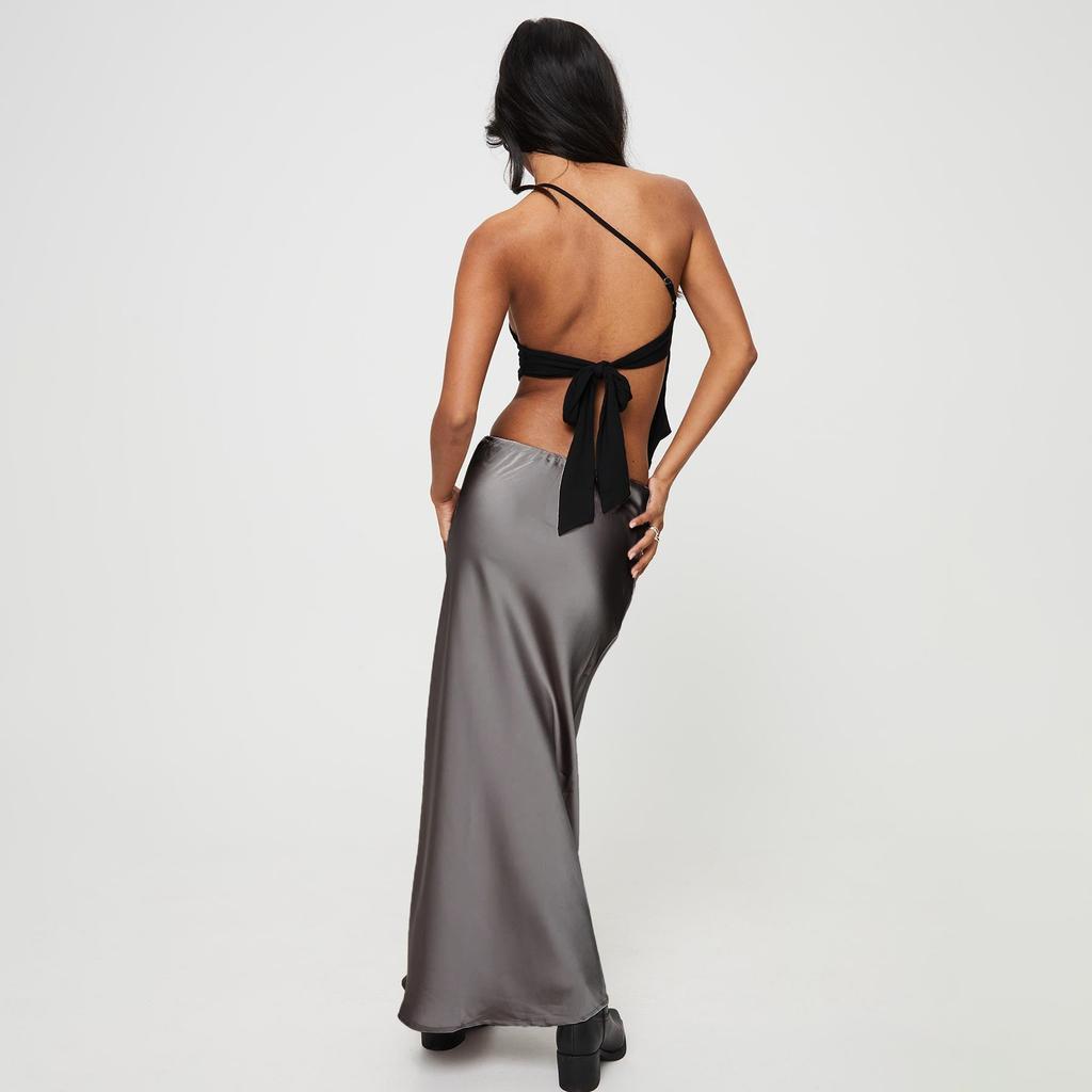 A Line Long Satin Skirts for Women Black Elegant High Waist Maxi Beige Skirts Silk Lace Up Long Skirt Women