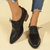 Women's Coarse Heel Shoes Spring New Pointy Front Lacing Splicing Leather Anti-slip Wear-resistant Low-top Shoes