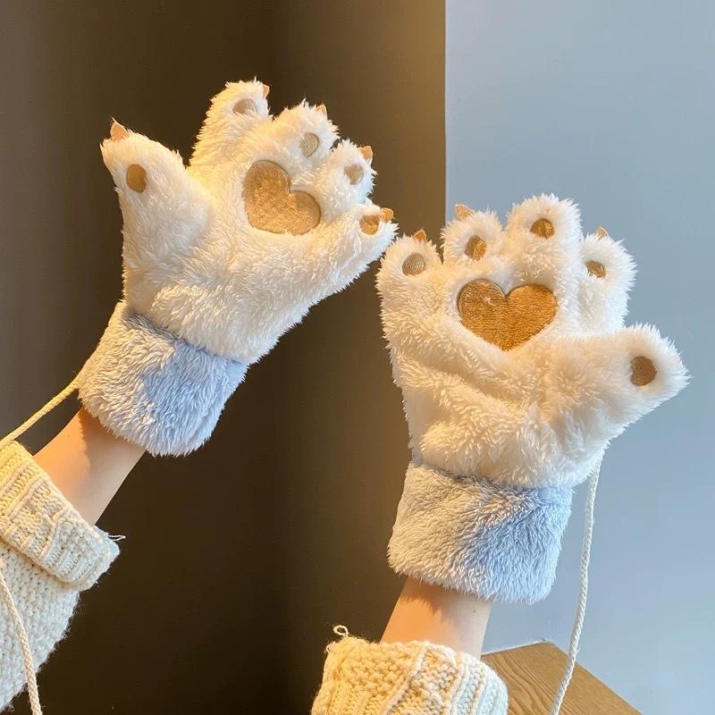 Women's Gloves Women's Winter Velvet Thickened Gloves Warm Neck Riding Gloves Cute Fluffy Bear Paw Cat Claw Gloves