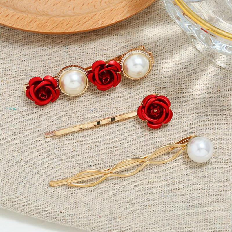 Exquisite Rose Flower Hairpin Bangs Pearl Clip Three-piece Side Clip Ladies Geometric Hairpin Hair Accessories