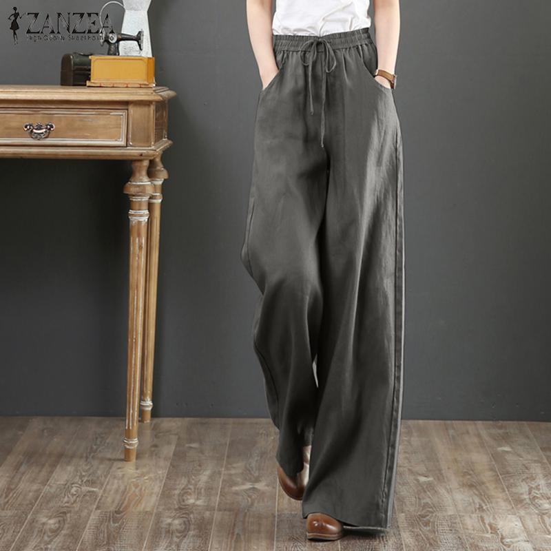 ZANZEA Vintage Women Elastic Waist Business Casual Wide Leg Trousers Culottes Flare Long Pants