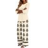 Women's Casual Fashion Round Neck Loose Fit Printed Three Quarter Sleeve Top with Wide Leg Pants Set Comfortable Two Piece Outfit