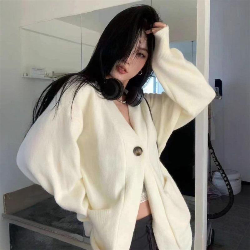 Кардиган вязаный с V-образным вырезом, мягкий и теплый, для женского осенне-зимнего сезона, новый темпераментный, свободный и стройнящий, куртка-свитер для женщин