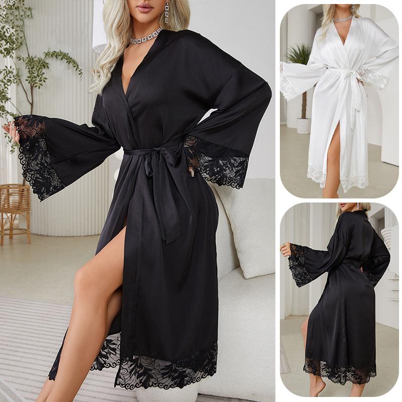 V-Neck Sexy Dressing Gowns Kimono Bathing Home Suit Fashion Like Silk Robes New Women Long Satin Lace Bathrobes