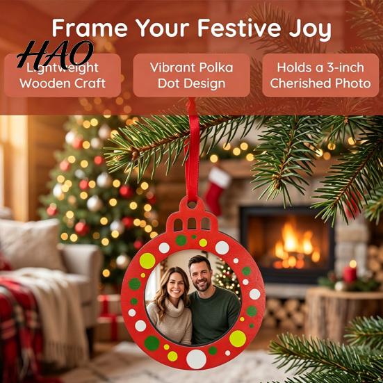 Personalized Family Picture Pendant Christmas Pictures Frame Hanging Ornaments, Wooden Red Green White Dots Photo Pendants, Polka Dot Holiday