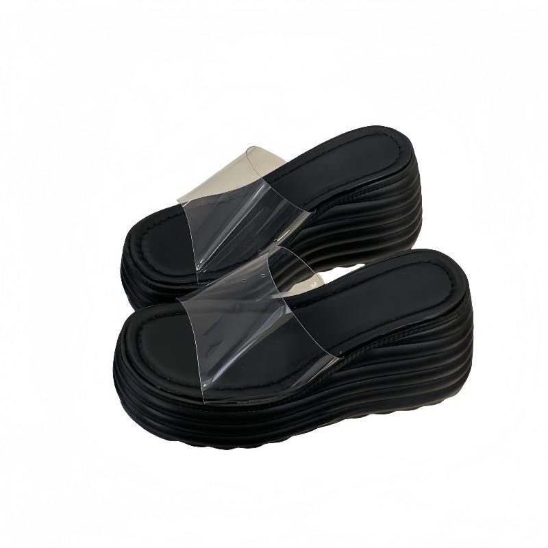 Fashion 2025 New Fashionable Summer Slippers for Women Wearing Thick Bottom Slope Heel Sandals Transparent High Heel 9cm Slippers