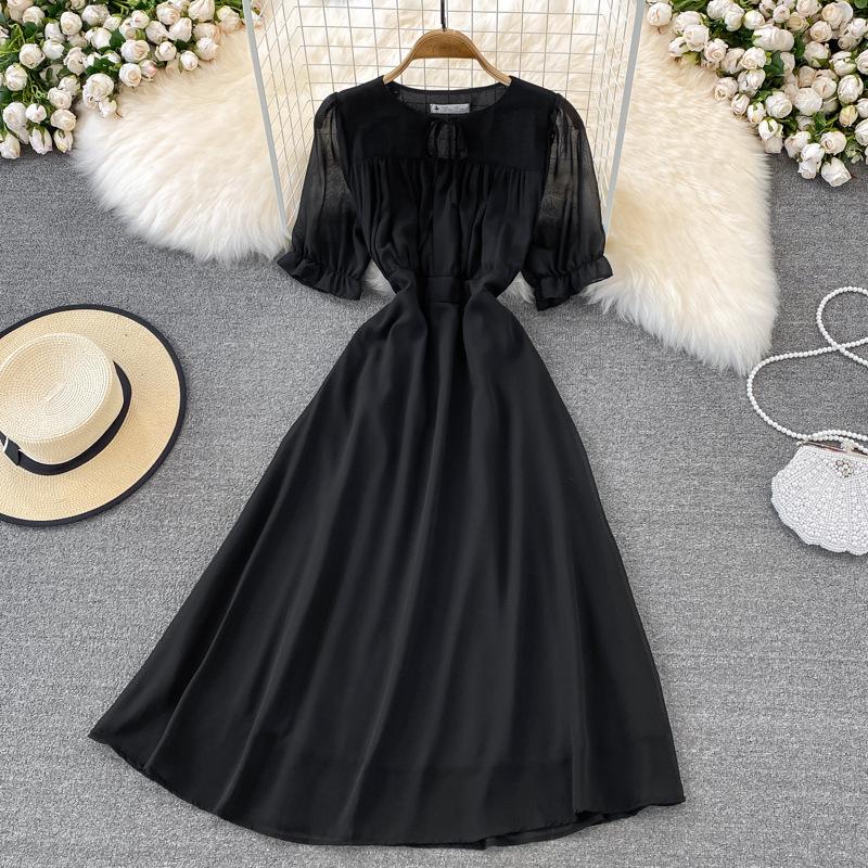 Hepburn style summer retro Korean version round neck high waist thin bubble sleeves chiffon dress fashionable pendulum long skirt