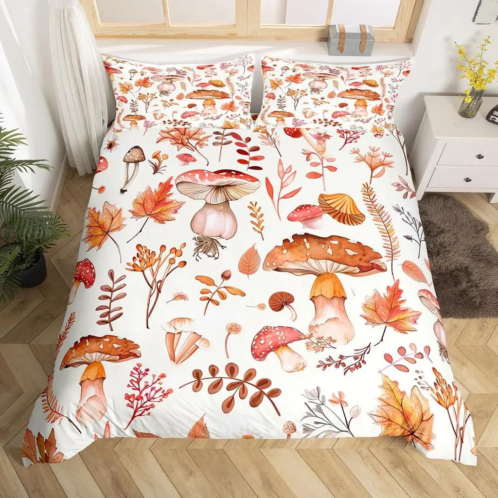 Comforter Cute Mushroom Bedding Set King Queen Size Botanical Comforter Wild Fungus Colorful Plants Leaves