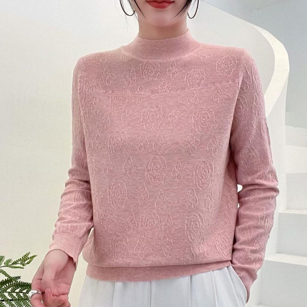 Осенне-зимний женский кружевной свитер с полувысоким воротником, свободный вязаный пуловер с резным узором, однотонный вязаный топ