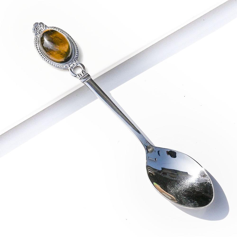 Natural Crystal Stone Stainless Steel Spoon Tea Coffee Dessert Spoons Healing Crystals Rose Quartz Gemstone Creative Home Decor