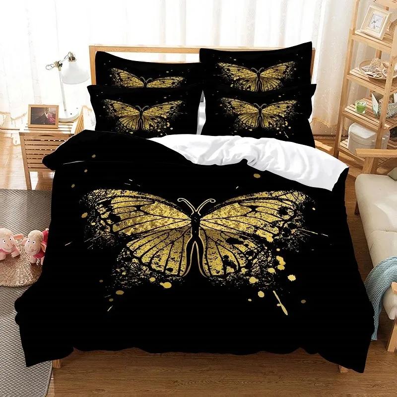 Gold Butterfly Duvet Cover Set for Girls Gold and White Butterflies Bedding Sets Flying Butterfly Black Luxury Comforter Cover