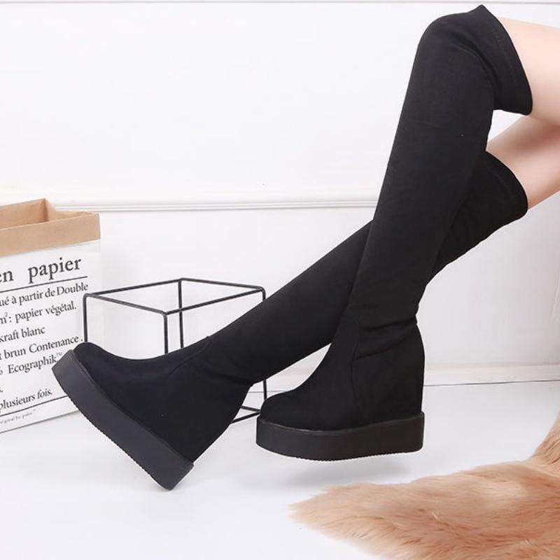 Женские зимние ботфорты с термоподкладкой, на маленькую ногу, на толстой подошве, на танкетке, с внутренней высотой, стройнящие ногу, на высоком каблуке