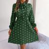 Ladies Spring And Summer New Temperament Polka Dot Lace-up Waist Long-sleeved Pleated Dress