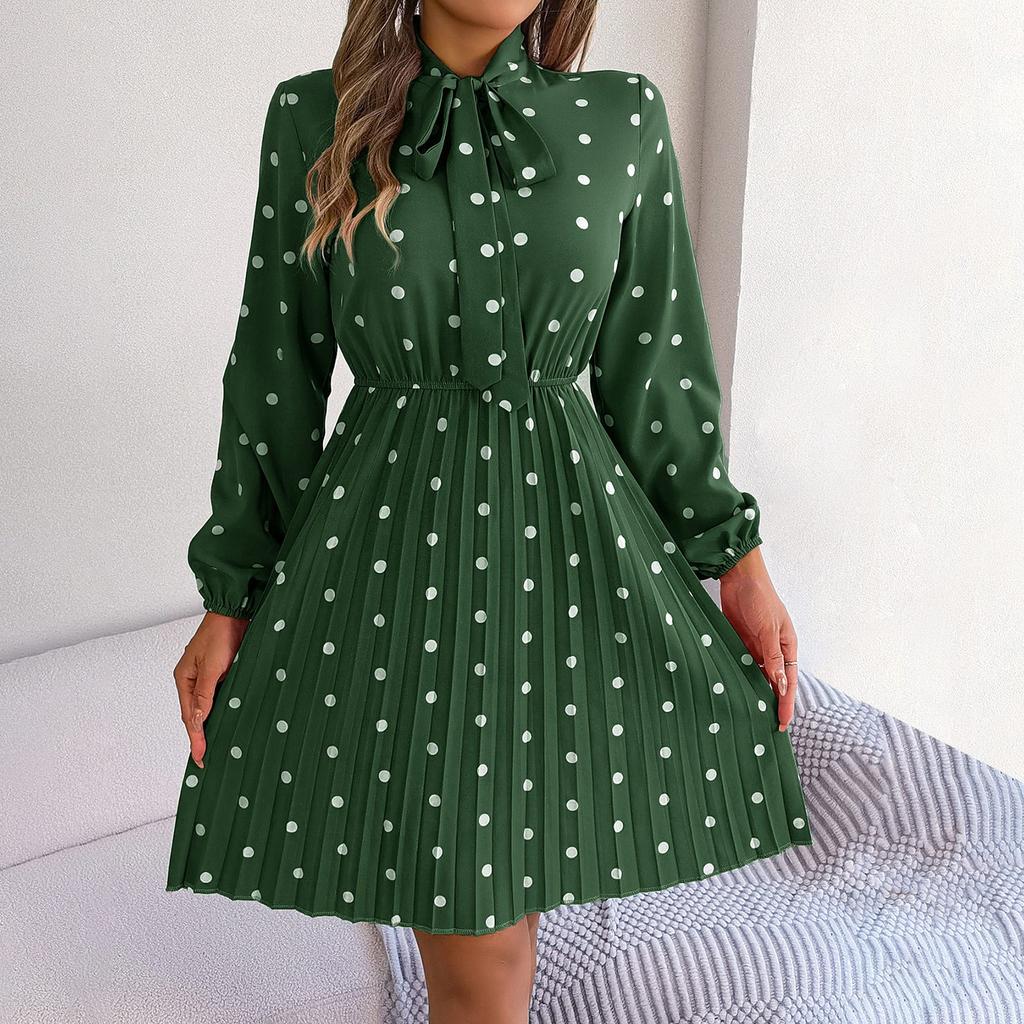 Ladies Spring And Summer New Temperament Polka Dot Lace-up Waist Long-sleeved Pleated Dress