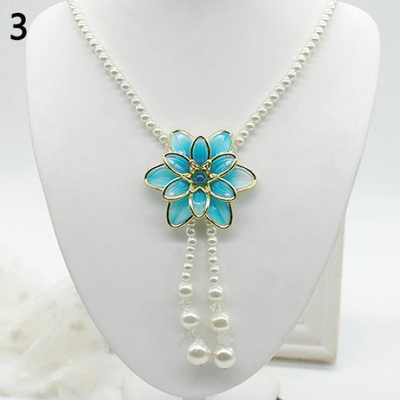 Women's Fashion Jewelry Flower Pendant Faux Pearl Tassels Necklace Sweater Chain ADM