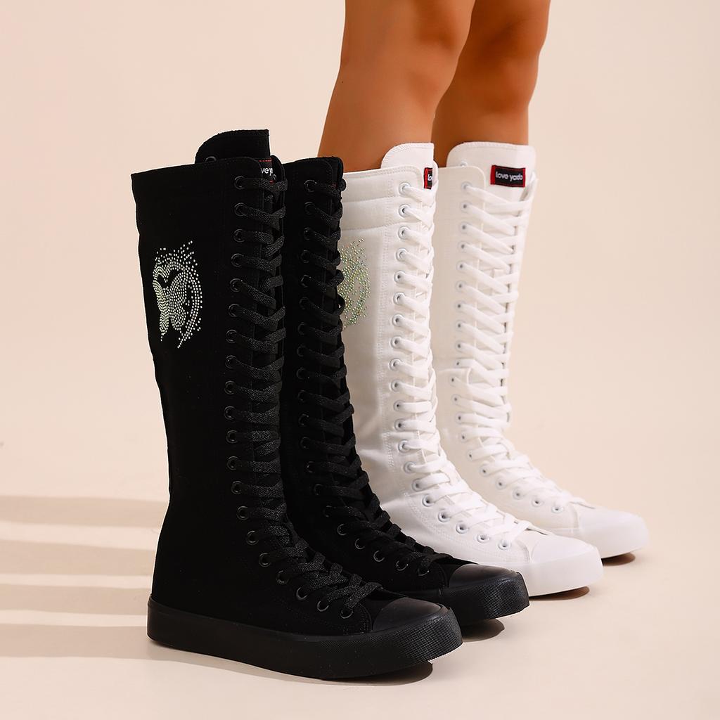 Женские длинные ботильоны до щиколотки, модные и удобные парусиновые сапоги до середины икры для девочек, подходящие для посещения вечеринок и повседневных прогулок